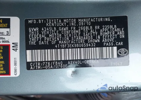 2011 Toyota Camry Le from USA, damaged, VIN 4T1BF3EK9BU659432